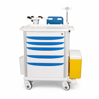 Chariot médical d'urgence en alliage d'aluminium ABS, 5 tiroirs, étagère pour défibrillateur, poteau porte-perfusion, planche RCP, durable pour atelier et clinique