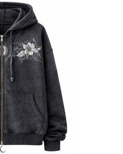 Sweat à capuche zippé en coton chiné avec broderie florale, style streetwear vintage, fabrication OEM personnalisée, veste en molleton délavée - Product Image 4