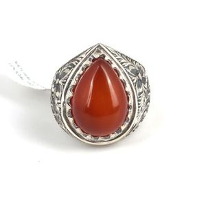 925 <b>Sterling</b> <b>Silver</b> <b>Men's</b> <b>Ring</b> with Teardrop Orange Agate Stone Geometric Cut Hip-Hop Style for Everyday Wear - Product Image 1