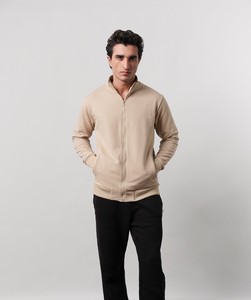 Veste en molleton beige pour homme, col montant, fermeture éclair, couleur unie, tricotée, coupe classique, pour l'automne - Product Image 3