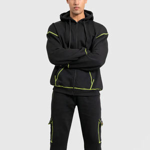 Sweat-shirt à capuche noir pour homme avec fermeture éclair, surpiqûres contrastées néon, broderie, coupe régulière, cordon de serrage, streetwear décontracté, hiver - Product Image 3