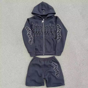 Survêtement deux pièces streetwear pour homme, personnalisable avec logo OEM, en molleton de coton uni, avec sweat à capuche zippé et strass, idéal pour l'hiver - Product Image 5