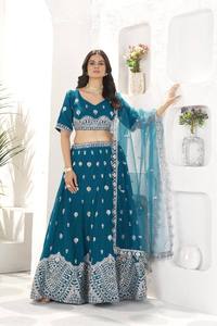 Faux Georgette bleu traditionnel brodé indien et pakistanais tenue de fête de mariage Lehenga Choli ensemble Design travail - Product Image 3