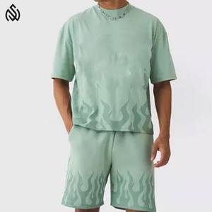 Breathable Summer <b>Men's</b> Short Set Sports Wear Short Sleeve Acid Wash T-Shirt and Shorts 100% Cotton Casual Two Piece Set - Product Image 2