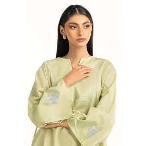 Conjunto de Dos Piezas con Bordado Ondulado Verde Claro, Tela Crepé Informal, Sin Cuello, con Mangas Tres Cuartos para Primavera/Verano - Product Image 5