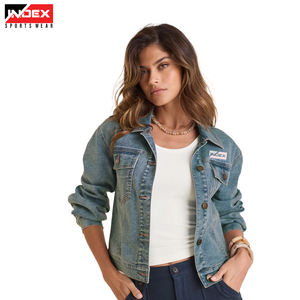 OEM/ODM Veste en jean délavé bleu délavé personnalisée pour femmes en pur coton-Poches à rabat, fermeture à boutons, veste en jean extensible - Product Image 5