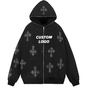 Nouvelle arrivée sweat à capuche en éponge française noir plaine strass sweat à capuche hommes fermeture éclair complète grande taille à capuche - Product Image 4