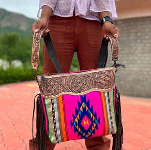 Aztec Saddle Blanket Hand Tolled Carving Fringe <b>Sling</b> Bohemian Aztec Fabric <b>Bags</b> Stylish Collection Hot Selling <b>Bags</b> <b>for</b> <b>Women</b> - Product Image 4