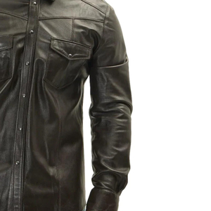 Men's Slim Fit Full Sleeve Genuine Leather Jacket <b>Black</b> <b>Button</b>-<b>Up</b> <b>Shirt</b> - Product Image 2