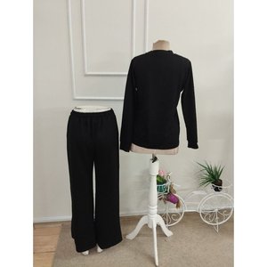 Conjunto de Dos Piezas para Mujer: Blusa de Manga Larga con Cuello en V de Viscosa de Dos Hilos y Pantalones con Detalle de Abertura, 37523 - Negro - Product Image 6