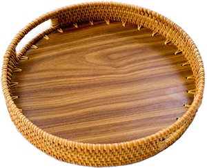 Bandeja de ratán con asa para fiestas de cumpleaños de forma redonda a precio asequible Bandejas de servicio en color marrón Diseño de hotel de ratán - Product Image 1