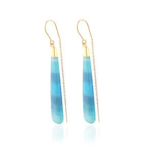 Genuine gemstone dangle earring kite shape blue agate statement long pull through earrings 18k gold plated cable chain threader