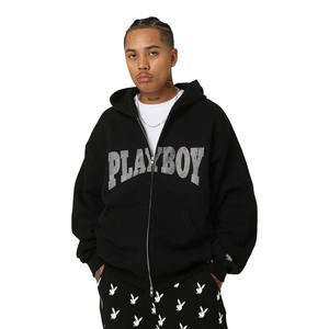 Vente en gros Sweat à capuche mode surdimensionné avec strass délavé à l'acide Sweat-shirt vintage à fermeture éclair avec appliques brodées pour hommes - Product Image 1