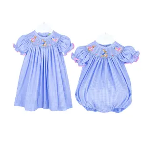 Babykleidung Babykleider Smockkleid für Baby Mädchen blau 100 % Baumwolle kurz 2 M bis 12 Y kundenspezifisches Design versandfertig