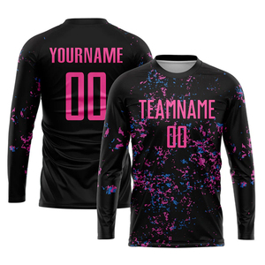 Camiseta de Fútbol Sublimada Personalizada, Negra con Detalles Rosa-Azul Claro, Top Deportivo Personalizado con Nombre y Número, 100% Poliéster - Product Image 1