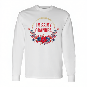 T-shirt a maniche lunghe con stampa floreale "I Miss My Grandpa" in rosso e blu, design commemorativo per la famiglia - Product Image 2