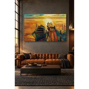 Impression sur toile de quai en bois et de bateau à rames au coucher du soleil Fida - Product Image 4