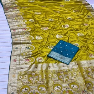 Sari en soie satinée Mashru pure, tissage jacquard Meenakari, avec pallu riche, chemisier contrasté, teint à la main, léger, sari de qualité supérieure - Product Image 6