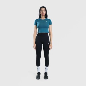 W024 Ladies Slim Fit Cropped Tee XS-XXS Teal Cotton <b>Knitted</b> T-Shirt Bow Collar <b>Animated</b> Character <b>Pattern</b> Breathable Striped - Product Image 4