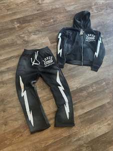 Femmes de haute qualité lavage à l'acide Vintage Streetwear à capuche survêtement évasé pantalons de survêtement ensemble personnalisé brodé fermeture éclair vers le haut survêtements - Product Image 3