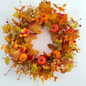 Pumpkin Wreath Autumn Decoration Harvest Festival Door Thanksgiving Home Window Door Hanging Artificial Maple Leaf Wreath