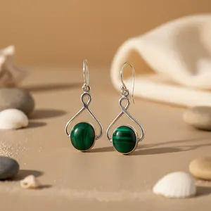 Pendientes Elegantes de Plata 925 con Malaquita, Joyería de Piedras Preciosas para Mujer, Accesorio de Moda - Product Image 3