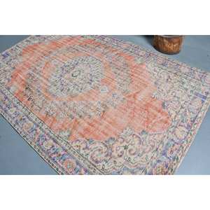 Tapis Turc Vintage 5.8 X 8.8ft Orange Bleu Patchwork Design Laine Matériel Latex pour Entrée Couloir Abstrait 9x12 Rectangle - Product Image 4