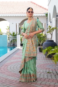 Hermosa Pashmina Work Sari verde de seda suave con blusa elegante para fiesta de boda La mayoría de las ventas Mujeres Chica Ropa étnica exclusiva - Product Image 3