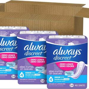 Coussinets d'incontinence pour adultes toujours discrets pour femmes, absorption modérée, longue longueur, coussinets post-partum, 162 CT - Product Image 1