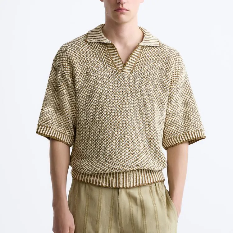 Blusa masculina de malha robusta, camisa xadrez coreana vintage de algodão, manga curta, personalizada e grande