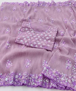 Nouvelle arrivée georgette à volants travail avec pierre travail saree avec chemisier non cousu prix de gros fabrication vêtement ethnique ApparelGarment - Product Image 3