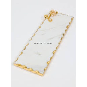 Artículos de comida con forma rectangular hechos de mármol de alta calidad de aspecto elegante, bandeja para servir con asas de diseñador de flores chapadas en oro de la India - Product Image 3