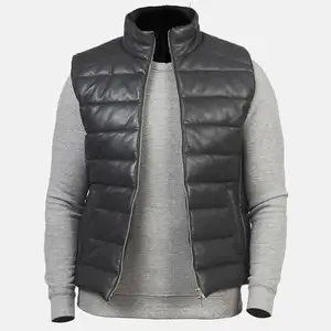 Black Leather Puffer Vest Men With Zipper Closure And Side Pockets Mens Black Puffer Vest from Pakistan