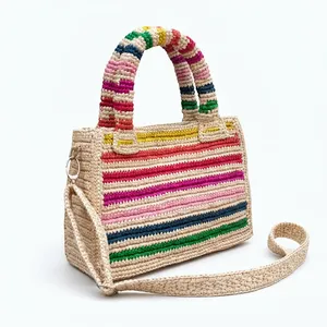 Sac fourre-tout en raphia rayé coloré, grande capacité, sac à main tissé, sac à bandoulière pour la plage et les voyages - Product Image 6
