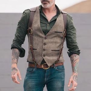 Gilet d'hiver rétro en cuir véritable et toile pour homme, veste décontractée à simple boutonnage, coupe ajustée pour costumes et tenues professionnelles - Product Image 5