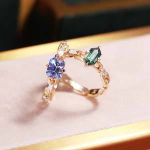 Bague en or jaune 18 carats avec saphir bleu-blanc naturel et diamant, bague de mariage classique en pierres précieuses, plaqué or, incrustation de pierres taillées - Product Image 1