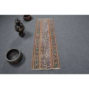 พรมขนแกะอนาโตเลียคลาสสิกสีน้ำตาลน้ำเงิน1.6 x 5ft วินเทจผ้าเย็บปะติดปะต่อกันดีไซน์สี่เหลี่ยมผืนผ้าโถงทางเดินสำหรับน้ำยาง - Product Image 1