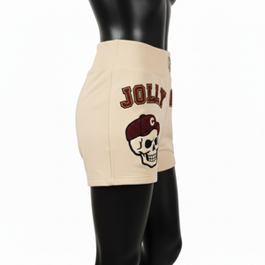 Shorts de sport pour femmes, 260 GSM, coton doux, élasthanne, molleton beige crème, broderie chenille, logo personnalisé. - Product Image 3