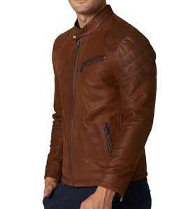 Veste en cuir marron pour homme, style classique slim fit avec fermeture éclair sur le devant et col montant pour un usage décontracté, designs personnalisés - Product Image 3