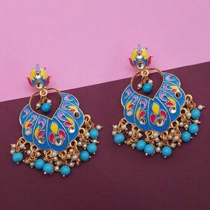Kriaa Blue Meenakari & Beads Kundan Drop Boucles d'oreilles 1314218A Fashion Dangler Jewelry - Product Image 1