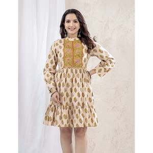 Robe Courte en Coton Imprimé Butti Beige Moutarde, Longueur Genou, Taille Élastique, Style Décontracté, Respirante, Taille Unique XS pour Jours Fériés - Product Image 1