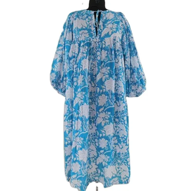 Vestido de noche informal para mujer, ropa de dormir de manga larga con estampado Floral, color azul, algodón Kurti