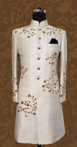 Diseñador 2023 traje de boda hermoso bordado Sherwani con tela de seda cruda de talla grande vestido de zapato a juego para fiestas bodas - Product Image 2