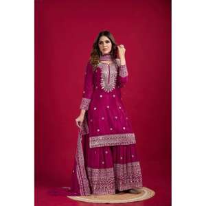 Presentando New Chinnon Silk con Top de trabajo de secuencia de bordado pesado-Plazo y Dupatta Set Con totalmente cosido - Product Image 1