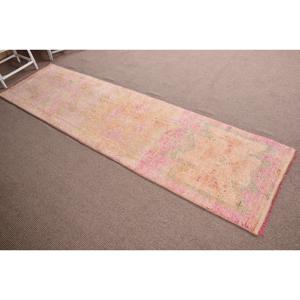 Turkish Vintage Herki Rug 2.5x9.8 ft Patchwork Design <b>Wool</b> Latex Backing Eco-Friendly Pink & <b>Yellow</b> Borders - Product Image 3