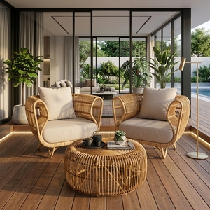 Natural Polished Rattan Garden Furniture Set Woven Armchairs <b>Round</b> Coffee <b>Table</b> <b>Patio</b> Setup Room Decor Art Pure Design - Product Image 2