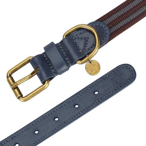 Correa de poliéster de buena calidad, collar de perro cosido de cuero genuino en todos los tamaños personalizados con hebilla de rodillo de acabado de latón sólido - Product Image 3