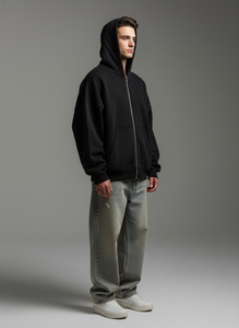 Vente en gros de sweat-shirts à capuche décontractés pour hommes et femmes, coupe ample, noir, fermeture éclair, poches, polaire lourd, OEM ODM personnalisé - Product Image 3