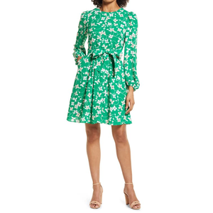 Abito Floreale Verde Eliza J a Maniche Lunghe, Stile Casual Elegante, Taglia 14 (XL), Logo Personalizzato, Lavabile, Decorazione Drappeggiata, Fornitura ODM per Uso Diurno - Product Image 1