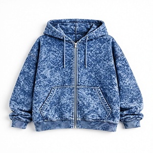 Sudadera con capucha de corte regular, gruesa, con cremallera, 100% algodón, azul, lavado ácido, forro polar, de secado rápido, antiarrugas, unisex, estilo urbano, para gimnasio - Product Image 2